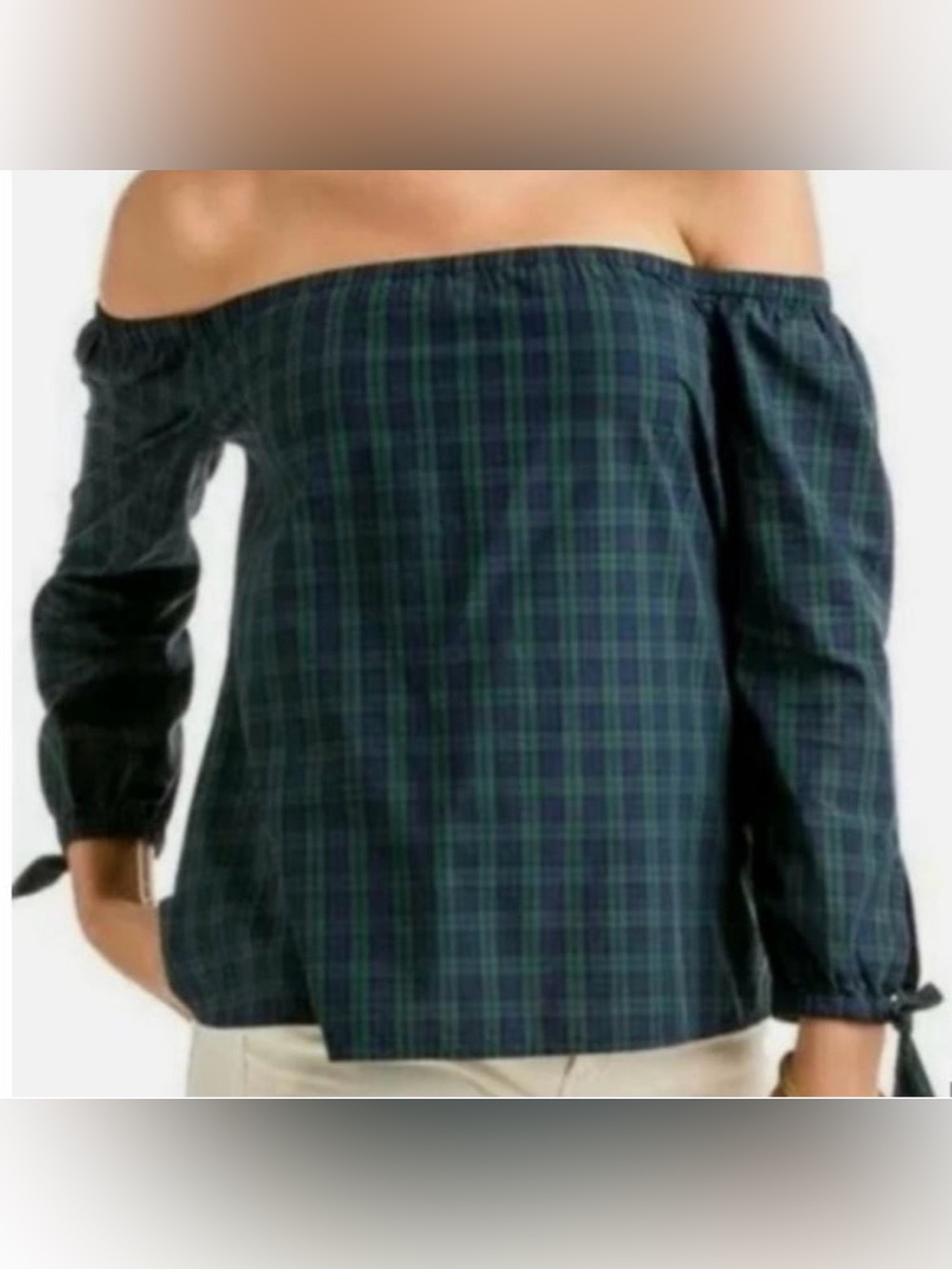 Talbots Off-Shoulder Holiday Tartan Plaid Top in Dark Green and Navy